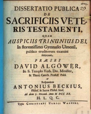 Dissertatio publica de sacrificiis Veteris Testamenti
