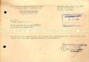 Schreiben des Ostarbeiter-Gemeinschaftslagers Salzhof Ost an die Firma Reinz zwecks Übersendung von polizeilichen Abmeldungen für "Ostarbeiter" - Sachkonvolut
