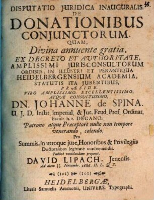 Disputatio iuridica inauguralis, de donationibus coniunctorum