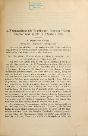 Verhandlungen der Gesellschaft Deutscher Naturforscher und Ärzte e.V. : ... Versammlung. 65, 1. 1893: Die allgemeinen Sitzungen