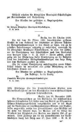 Fürsorge für die Hinterbliebenen Kinder von Elementarlehrern an den Vorschulen der nichtstaatlichen höheren Lehranstalten : [D. Höhere Lehranstalten]