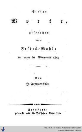 Einige Worte, gesprochen beim Festes-Mahle am 19ten des Weinmonats 1814