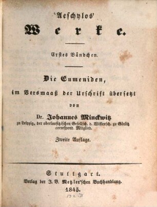 Aeschylos' Werke, 1. Abt. 1 ; Die Eumeniden