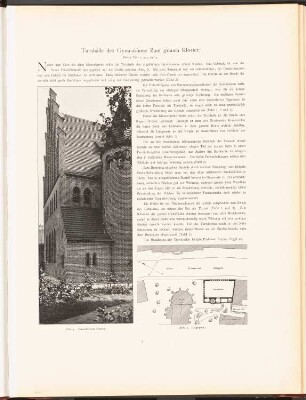 Gymnasium Zum grauen Kloster, Berlin: Lageplan, Ansicht von der Gartenseite Turnhalle (aus: Neubauten der Stadt Berlin, Bd. III, 1904)