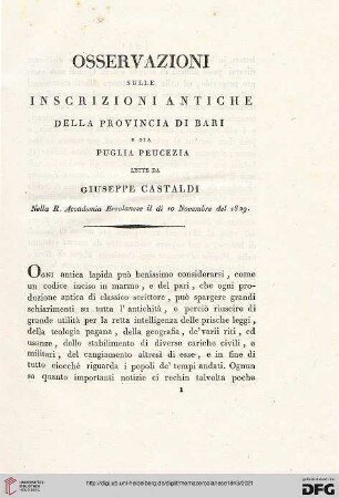 3: Osservazioni sulle inscrizioni antiche della provincia di Bari o sia Puglia Peucezia