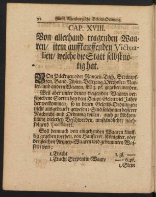 Cap. XVIII. Von allerhand tragenden Waaren / item auffkauffenden Victualien / welche die Statt selbst nötig hat