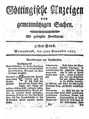 37stes Stück. Sonnabend, den 13ten September 1777.