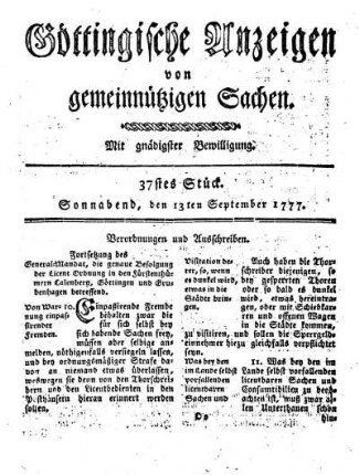 37stes Stück. Sonnabend, den 13ten September 1777.