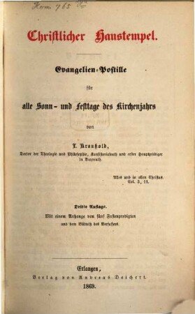 Christlicher Haustempel : Evangelien-Postille für alle Sonn- u. Festtage des Kirchenjahrs