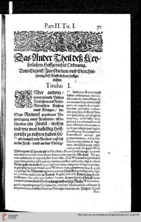 Der Ander Theil des Keyserlichen Hoffgerichts Ordtnung / Titulus I