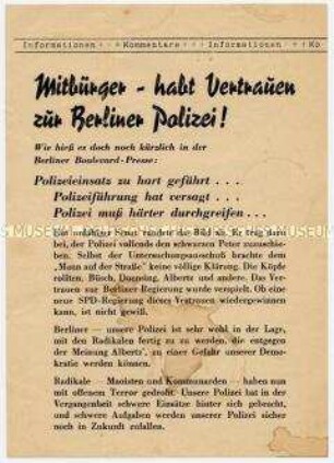 Flugblatt der NPD zur Rechtfertigung eines Polizeieinsatzes gegen Studenten