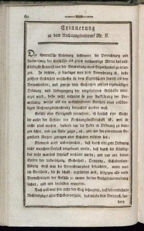 Erinnerung zu dem Rechnungsentwurf Nr. II.