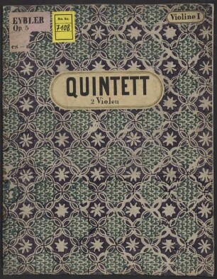 Quintets, vl (2), vla (2), vlc, op.5/1, HerEy 183, Es-Dur - BSB Mus.ms. 7108 : [label on binding, vlc:] Grand // Quintetto // Violoncello // Opera 5 // Del: Sig: Giuseppe Eybler   [title page, vlc:] Grand // Quintetto à // Due Violini // Due Viole // e // Violoncello // Oper [!] 5 // N r o I // Del Sig: Giuseppe Eybler   [label on binding, vl 1:] QUINTETT // 2 Violen