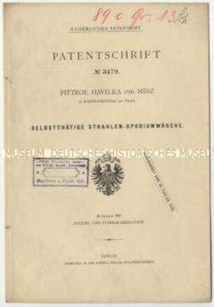 Patentschrift einer selbsttätigen Strahlen-Spodiumwäsche, Patent-Nr. 3479