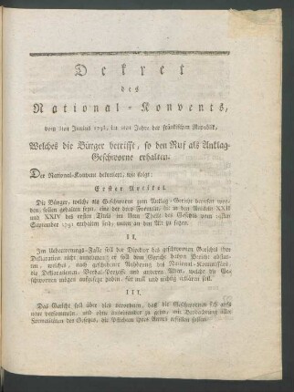 Dekret des National-Konvents, ... Welches die Bürger betrifft, so den Ruf als Anklag-Geschworne erhalten.