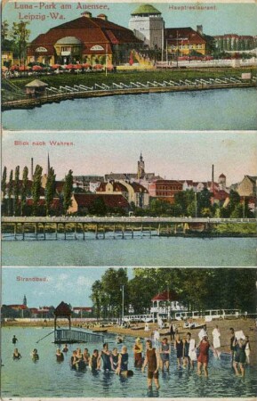 Luna-Park am Auensee, Leipzig-Wahren: Hauptrestaurant, Blick nach Wahren, Strandbad [Offizielle Postkarte]