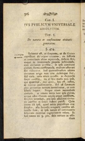 316-337, Cap. I. Jus publicum universale absolutum; Cap. II. Juris publici universalis absoluti. Tit. I.
