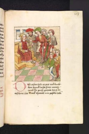 Der Königsohn empfängt seine Weggefährten vor seinem Thron; (Kapitel XV: Von des Königs Sohne und seinen Gefährten).