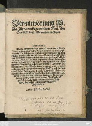 Verantwortung M.|| Fla. Jllyr. vom Logo von dem Wort/ oder || Son Gottes vnd etlichen andern aufflagen.|| ... ||