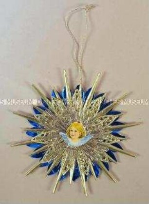 Christbaumschmuck: Blauer Stern mit Engelskopf