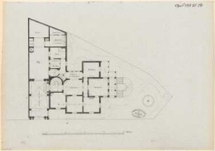 Villa, Gera Monatskonkurrenz April 1878: Lageplan mit Grundriss Erdgeschoss; Maßstabsleiste
