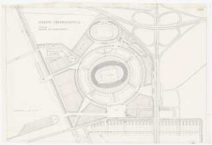 Stadion Oberwiesenfeld, München: Lageplan, Variante zum Außenverkehr, geostet, 1:1000