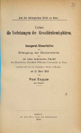 Ueber die Verletzungen der Grosshirnhemisphären : Inaug.-Diss.