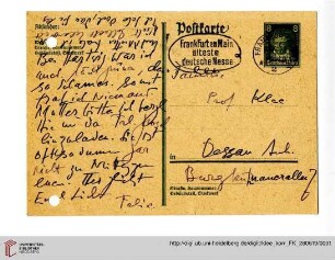 Familienkorrespondenz Klee: Postkarte von Felix Klee an Lily Klee und Paul Klee