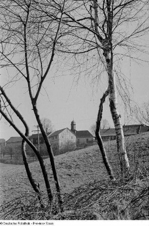 Blick auf ein Dorf mit Kirche (vermutlich in Thüringen), im Vordergrund fünf Bäume