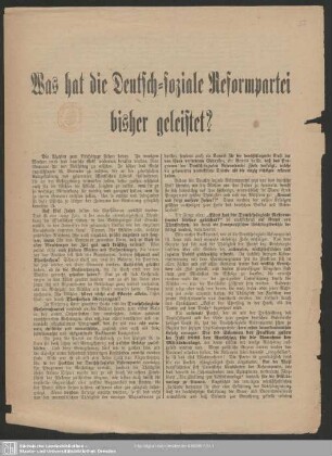 Was hat die Deutsch-soziale Reformpartei bisher geleistet? : [Wahlaufruf zur Wahl von Andreas Dietz in Radeberg]