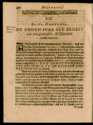 XII. Alius Discursus, De Eodem Iure Seu Beneficio emigrationis, & libertate conscientiae.