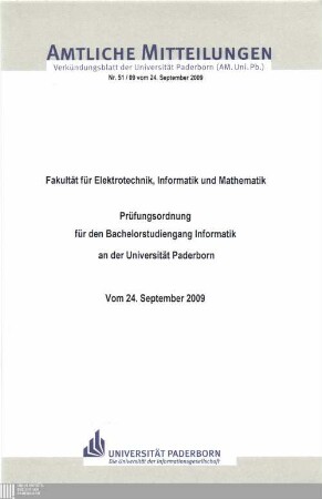 Prüfungsordnung für den Bachelorstudiengang Informatik an der Universität Paderborn : vom 24. September 2009