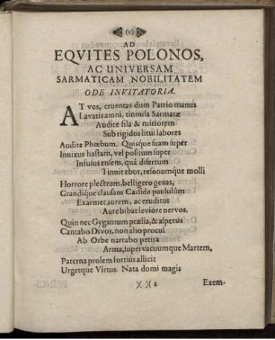 Ad Equites Polonos, Ac Universam Sarmaticam Nobilitatem Ode Invitatoria
