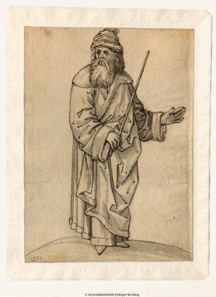 Greis in Turban, halb nach rechts, in der Rechten einen Stab haltend