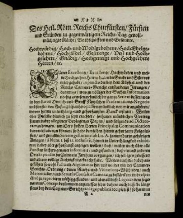 Des Heil. Röm. Reichs Churfürsten/ Fürsten und Ständen zu gegenwärtigem Reichs-Tag gevollmächtigte Räthe/ Bothschafften und Gesandte.