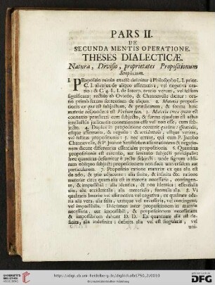 Pars II: De secunda mentis operatione Theses Dialecticæ: Natura, Divisio, proprietates Propositionum Simplicium