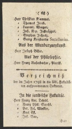 Verzeichniß der im Jahre 1798 in die löbl. Fakultäten aufgenommenen Doktoren