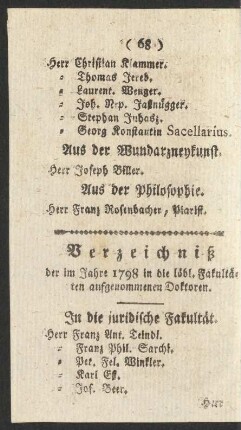 Verzeichniß der im Jahre 1798 in die löbl. Fakultäten aufgenommenen Doktoren
