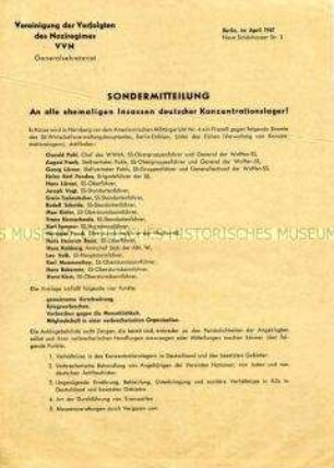 Rundschreiben des Generalsekretariats der VVN an alle ehemaligen Insassen deutscher Konzentrationslager mit der Aufforderung zu Zeugenaussagen gegen führende Nazis