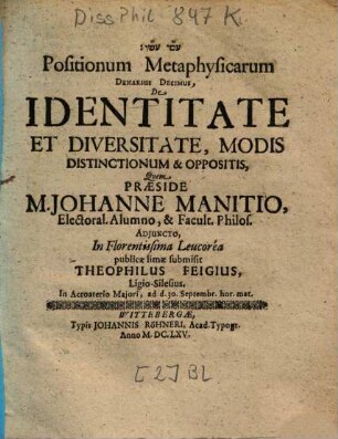 Positionum Metaphysicarum Denarius Decimus, De Identitate Et Diversitate, Modis Distinctionum & Oppositis
