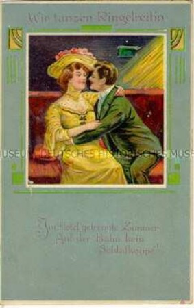 Postkarte mit Liebespaar im Zug