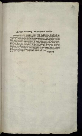 Gnädigste Verordnung, die Forstfreveler betreffend : Zweybrücken den 16 Jan. 1770.