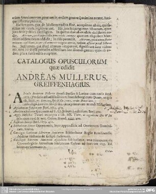 Catalogus Opusculorum quae edidit Andreas Mullerus Greiffenhagius