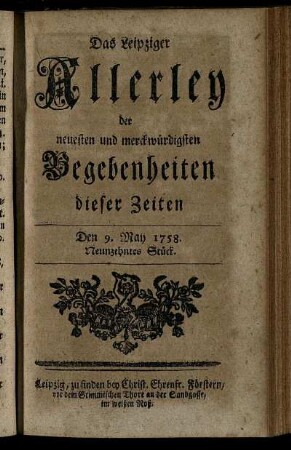 Den 9. May 1758. Neunzehntes Stück.