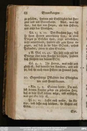 20. Gegenseitige Pflichten der Obrigkeiten und Unterthanen.
