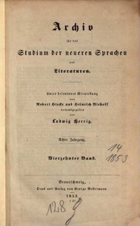 Archiv für das Studium der neueren Sprachen und Literaturen. 14 = Jg. 8. 1853
