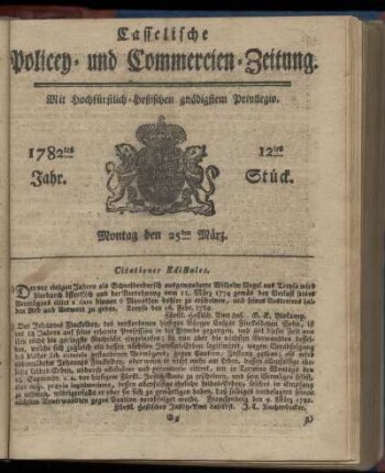 12tes Stueck, Montag den 25ten Maerz. 1782