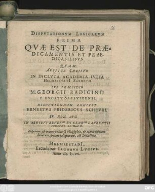 Disputationum Logicarum Prima Quae Est De Praedicamentis Et Praedicabilibus