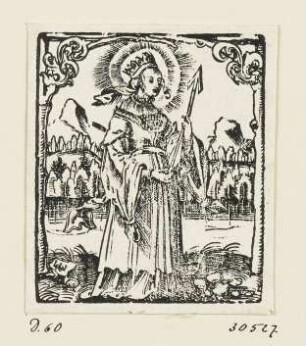 Heilige Ursula, aus: Jean Clein, "Hortulus anime cum alijs appluri=mis orationibus pristine impressioni superadditis: vt tabulam in huius cal ce annexam intuenti patentissium erit", Nürnberg