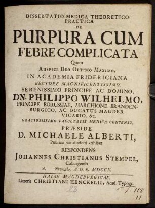 Dissertatio Medica Theoretico-Practica De Purpura Cum Febre Complicata